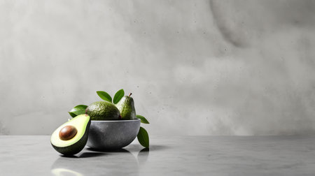 avocados in a bowl sit beside a gritty concrete wall, showcasing a vray tracing style. this minimalistic composition draws inspiration from industrial and product design, incorporating organic stone carvings. the layered elements create a visually captivating composition reminiscent of the works of georg jensen. the color palette features light gray and gray tones, adding to the overall aesthetic appeal. ai generatedの素材