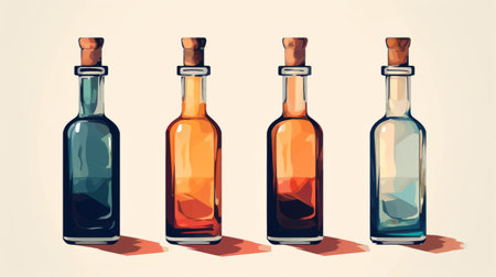 hand drawn wine, beer, and liquor bottles in a dark amber and azure style are showcased on a light colored background. the fluid washes of color give a unique touch to the bottles, which are depicted with realistic detail. the caffenol developing technique adds a touch of vintage charm to the overall composition. this image captures the essence of the absinthe culture and exudes aの素材