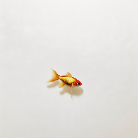 a gold fish, reminiscent of the style of ernest zacharevic, is captured in this photograph. it is placed on a white surface, isolated against a white background. the image draws inspiration from trompe l'oeil illusions, zhang kechun's use of insects, alex prager's meticulous still lifes, and contemplative minimalism. ai generatedの素材