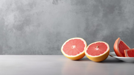 grapefruit segments arranged on minimalist plates on a concrete surface. the light gray and pink background adds a touch of algeapunk aesthetic, blending industrial and product design elements. inspired by advertisements, this image showcases the contrast between raw and finished, creating an eye-catching visual. ai generatedの素材