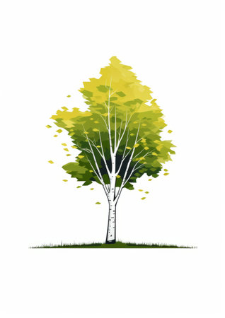 an illustrated logo featuring a birch tree and a lawn, showcasing a realistic usage of light and color. the naturalistic composition combines shades of yellow and green, creating a masterful and tender depiction of nature. this illustration captures the beauty of a birch tree against a lush green lawn, evoking a sense of tranquility and harmony. ai generatedの素材