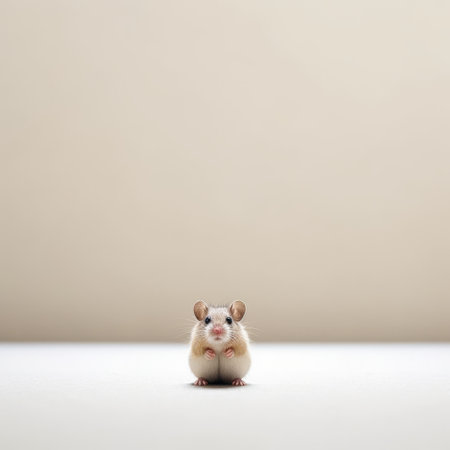 a small white hamster is captured in a minimalistic portrait style, against a white background. this tabletop photograph showcases elements of japanese minimalism, with a wide-angle lens capturing the hamster in a candid pose. the color palette includes light maroon and dark beige, creating a visually appealing composition. ai generatedの素材