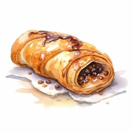 a watercolor illustration of a handmade pastry, specifically a macaroon, is depicted in this artwork. the illustration is done in the style of jacob jordaens and nacho carbonell, resembling a traditional scroll painting. the color palette consists of dark violet and light brown, adding a touch of raw vulnerability. the artist, raymond swanland, has paid attention to realistic hyper-detail in this captivating piece. ai generatedの素材