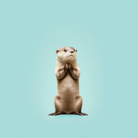 an otter stands on its hind legs, gazing upwards with animated expressions. this conceptual minimalist photograph captures the playful and lighthearted nature of the otter, reminiscent of the works of beeple, sacha goldberger, and beatrix potter. the otter's pensive pose adds depth to the composition, creating a captivating visual. ai generatedの素材