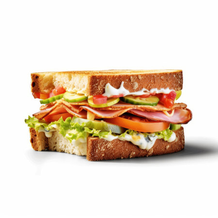 a delicious sandwich made with a generous portion of ham, fresh lettuce, and a large tomato. the vibrant colors of the digitally enhanced image showcase the sandwich's appetizing appearance. the light orange and light indigo hues add a visually appealing touch, while the layered fibers create a textured effect. the kimoicore, light indigo, and light green tones enhance the sandwich's crispness. ai generatedの素材
