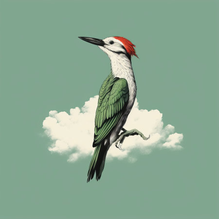 a digital watercolor illustration of a bird gracefully soaring near clouds. the artwork showcases a unique blend of dark green and red tones, creating a hyperrealistic portrayal of the animal. the artist's style incorporates elements of trace monotone and punctuated caricature, resulting in a stunning and sophisticated woodblock-like effect. the attention to detail in the character illustrations is truly remarkable. ai generatedの素材