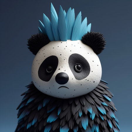 the 3d printed wood and clay panda bear showcases an aggressive digital illustration style. with a striking combination of blue and black, the panda is adorned with feathers, creating an editorial illustration. its spiky mounds and strong facial expression add to its captivating presence. captured using the sony alpha a1. ai generatedの素材