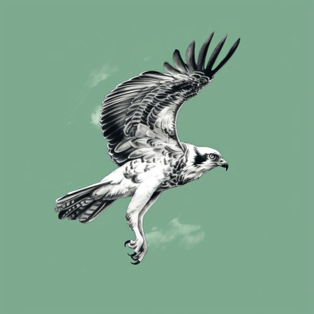 black and white illustration of an eagle by adrian nicoles david clements, in the style of dark green and light cyan. this digital illustration showcases a graceful balance and an aerial view of the majestic bird. created using a dye-transfer technique, the graphic illustration exhibits a loose and painterly style. ai generatedの素材