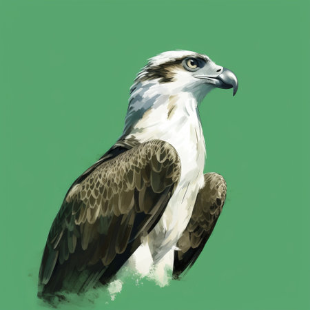 an osprey perches on a vibrant green background, showcasing its long beak. this digital painting by joram roukes features a minimalist brushwork style, with shades of light gray and emerald. the artwork is characterized by dark emerald and light beige tones, creating a simple yet colorful illustration. with a resolution of 20 megapixels, this captivating image captures the essence of the osprey's beauty. ai generatedの素材