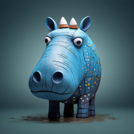 3d hippo figurine made out of clay and metal, featuring star-shaped buttons on the head. this unique piece is rendered in cinema4d and incorporates street art elements, inspired by the works of john wilhelm. the color palette includes dark cyan and indigo, adding depth and intrigue to the inventive character design. the figurine showcases a blend of luminism and wildlife muralism. ai generatedの素材