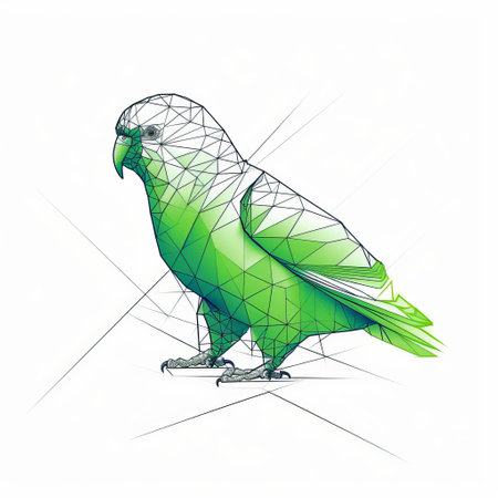 polygon bird illustration in green color, featuring flawless line work and neon grids. this energy-filled artwork, inspired by the style of serge marshennikov, showcases the artist's mastery of digital art techniques. set against a white background, this depiction of animals is a captivating example of contemporary illustration. ai generatedの素材