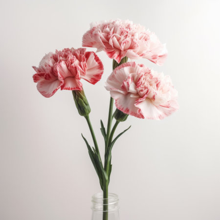 pink carnations arranged in a glass vase stand out against a soft pink background. the composition, captured with a graflex speed graphic camera, features a clean-lined aesthetic. the colors of light gray, light crimson, white, light pink, brown, light red, and dark emerald add depth and visual interest. this captivating image was taken using a fujifilm x-t4 camera. ai generatedの素材