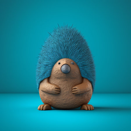 a cute hedgehog with long hair and a blue wig, rendered in the style of filip hodas in cinema4d. this unconventional pose captures the hedgehog in a gigantic scale, showcasing its emotive body language. the wildlife photography highlights the dark cyan and light beige tones, creating a visually striking image. ai generatedの素材