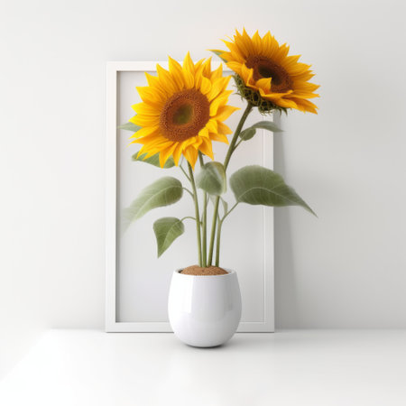 a 3d rendered illustration showcases sunflowers arranged in a white vase, forming an art frame. this minimalistic japanese-style design, created using vray tracing, captures the beauty of the moment. the eye-catching and simple composition of the sunflowers creates a pictorial representation that is truly captivating. ai generatedの素材