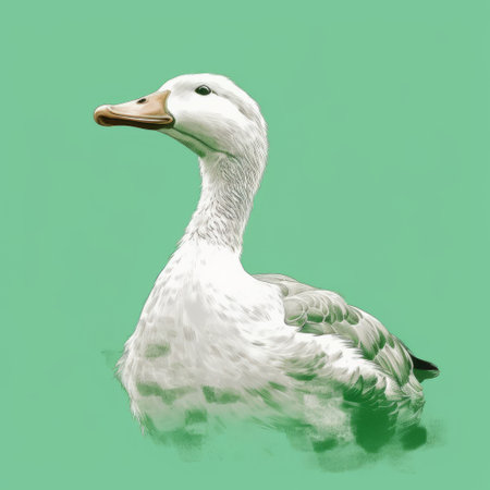 a duck with a red head stands out against a vibrant green background. this digitally enhanced, realist impressionism style photo showcases simple yet colorful illustrations. the light gray and white tones add a touch of realism, while the pseudo-infrared effect creates a unique visual appeal. the image captures the duck's realistic details in a light green and white palette. ai generatedの素材