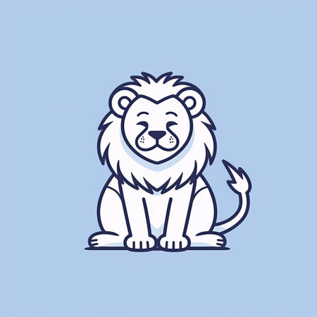 a cute logo of a lion is depicted on a blue background. the logo is created in a minimalist line drawing style, resembling low-resolution satirical cartoons. the lion is portrayed with light white and white colors, giving it an animated gif-like appearance. the design showcases detailed character design and high-contrast shading. ai generatedの素材