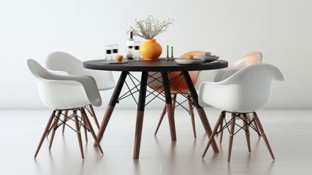 eames chairs and an eames coffee table are featured in this photorealistic still life. the vibrant orange and black colors create a striking contrast, while the kitchen setting adds a touch of familiarity. the use of daz3d technology brings the geodesic structures to life, blending traditional and modern elements in a captivating fusion. ai generatedの素材