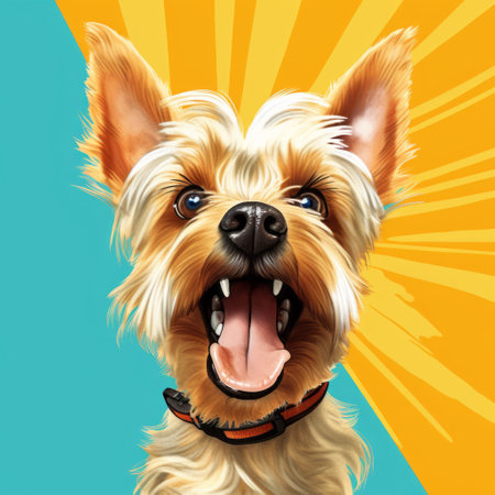 a dog, artfully rendered in aggressive digital illustration style, stands against a vibrant background of blue, yellow, and black. sunrays shine upon the playful expressions of this vibrant caricature, with minimal retouching. the dog's dark orange and light green hues add to its accurate and detailed portrayal. ai generatedの素材