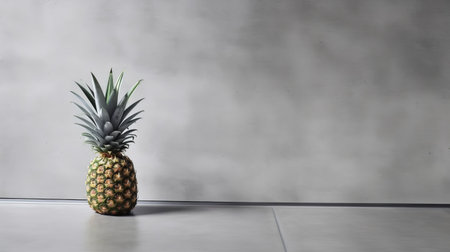 a pineapple sits on a white floor against a concrete background, showcasing a moody color scheme of silver and gray. the image combines natural and man-made elements, highlighting the beauty of mundane materials. with minimalist spare simplicity and a touch of neo-concrete aesthetics, this uhd image captures the unique charm of this pineapple. ai generatedの素材