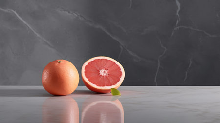 two grapefruits sit on a sleek marble table, exuding a vibrant and enticing appeal. this commercial-style image showcases a striking contrast between the light red grapefruit and the dark gray table. the minimalist background adds a touch of elegance, while the use of vray tracing and cut-and-paste techniques enhances the overall visual impact. a perfect blend of modern aesthetics and artistic creativity. ai generatedの素材