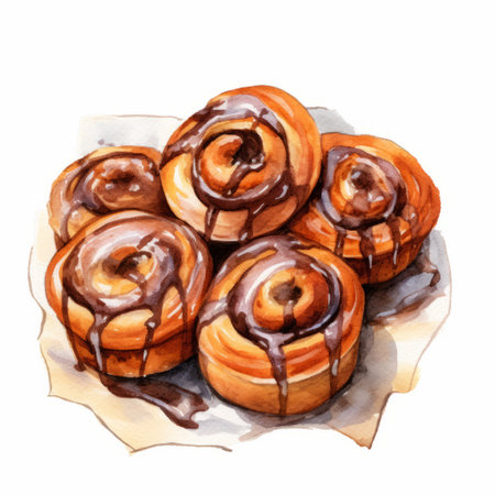 a watercolor drawing of a bundt cake with icing and chocolate frosting, inspired by the spiral group's traditional oil paintings. this artwork by jacob jordaens combines elements of inkblots, realistic forms, and foreshortening techniques, resulting in a captivating and detailed illustration. ai generatedの素材