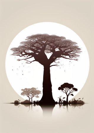 a photo of a baobab tree in an african forest, captured by ashton thurlow. the image showcases detailed background elements, silhouette figures, and a birds-eye-view perspective. the light white and brown tones create a gothic and nightmarish atmosphere. the photo also features reflections and mirroring, adding an intriguing touch to the gothic illustration. ai generatedの素材