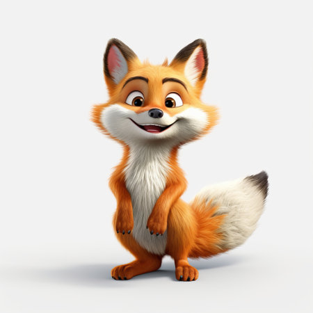 3d fox on white background, disney animation style, charming character illustrations, hyper-realistic rendering in maya, helsinki school influence, rtx technology, caricature-like design. ai generatedの素材
