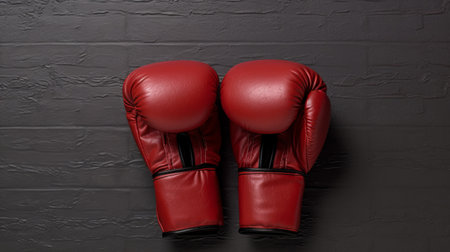 red boxing gear, featuring luxurious textures and made of leatherhide, hangs on a black brick wall. the style of the photo captures a spontaneous gesture, with the vibrant colors of light red and dark gray adding an energetic and bold touch. this image showcases the work of suguru tanaka, known for his use of bright colors. ai generatedの素材