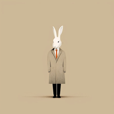 an old man wearing a coat and tie with rabbits, showcasing digital minimalism. the photo features a light beige and orange color scheme, with a minimalist black and white aesthetic. the image combines elements of animals and people, with a focus on sharpness. the subject is made of cardboard and has a low resolution. ai generatedの素材