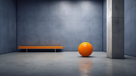 an orange ball, representing minimalist graphic design, is placed in an empty space. the surroundings are adorned with dark azure and gray tones, creating an industrial chic atmosphere. the jazzy interiors and neo-concrete elements enhance the minimalist spare simplicity, while the asymmetric balance adds an intriguing touch. ai generatedの素材