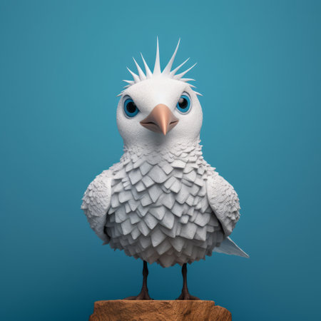 a cartoon bird perches on a wooden board with spikes, showcasing a zbrush-inspired style. the bird is depicted in a combination of white and aquamarine colors, with finely rendered textures that give it a realistic sculpture-like appearance. the playful character design is captured using a macro lens, adding a unique perspective to the image. this photo was taken with a konica big mini camera. aiの素材