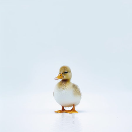 a white little duck stands gracefully against a minimalist white background. this minimalist photography captures the essence of simplicity and elegance. the dark yellow and light indigo hues add a touch of vibrancy to the image. this uhd image by suguru tanaka showcases the beauty of nature in a unique and captivating way. ai generatedの素材