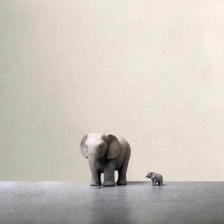a young elephant and its family are captured in this uhd image by davide rosina and celeste trochn. the photo, created in the style of conceptual minimalism, showcases shallow depth of field and detailed miniatures. with elements of editorial illustrations and concrete aesthetics, this mono-ha inspired image is a stunning portrayal of the majestic elephant and its close-knit family. ai generatedの素材