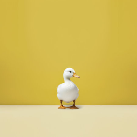 a duck stands gracefully on a bright yellow background, showcasing a minimalist composition with muted tones. this digitally manipulated image, created using focus stacking and rendered in cinema4d, features a light brown and white duck against a minimalist backdrop. the photo captures the essence of simplicity and elegance, reminiscent of the konica big mini style. ai generatedの素材