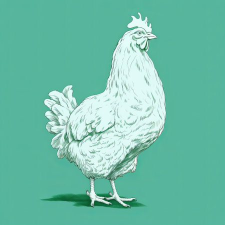 a white chicken stands in a turquoise background, showcasing highly detailed illustrations with flat shading. the image features a combination of light green and dark gray tones, providing a visually appealing contrast. with an impressive 8k resolution, this artwork showcases detailed ink illustrations in a satirical style, portraying the raw character of the subject. ai generatedの素材