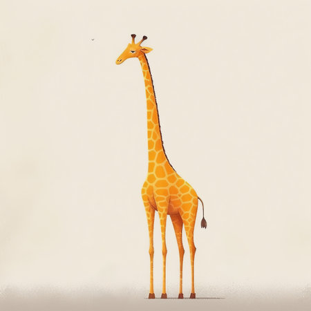 a giraffe and bird are depicted in this detailed character illustration. the large-scale minimalist style emphasizes their gigantic scale, while the grainy texture adds a cartoonish touch. the jarring juxtaposition of these two animals creates an intriguing visual contrast, reminiscent of children's book illustrations. ai generatedの素材