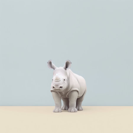 a playful minimalistic style is showcased in this photo featuring a rhino at the front of the scene. the photorealistic rendering captures the rhino's details with light beige and light azure tones. minimal retouching enhances the porcelain-like appearance, while the toyism aesthetic adds a playful and ironic touch. ai generatedの素材
