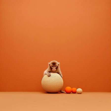monkeys sitting on an orange surface against an orange background. this minimalist still life photograph features bulbous, matte elements. captured in high resolution, the aurorapunk style adds a unique touch to the photographically detailed portraitures. the contrasting tones of dark white and light orange create a visually striking composition. ai generatedの素材