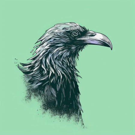 a black crow perched on a vibrant green background, showcasing intricate details reminiscent of science fiction illustrations. the artwork features a combination of light gray and cyan tones, capturing emotionally charged portraits of animals. the use of fluid ink washes adds depth and texture to the terrorwave-inspired piece, created using the zbrush technique. ai generatedの素材