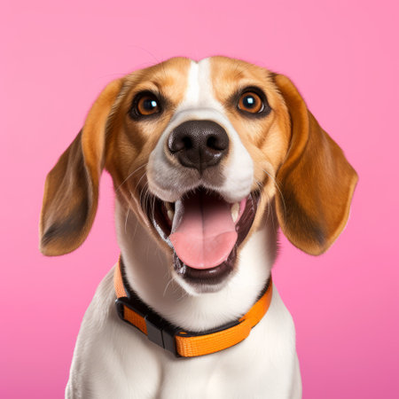 beagle dog with playful expressions looking up at the camera against a vibrant pink background, with the bright sun creating a dynamic color field effect. this studio portrait captures the essence of the dog's personality, while incorporating elements of tooth wu and mike campau's artistic styles. the combination of pink and orange hues adds a lively touch to the image, making it visually striking. aiの素材