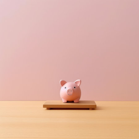 a pink pig sits on a wooden board against a minimalist pink background. this commercial imagery, captured with cinestill 50d film and a minolta riva mini camera, showcases a lively tableau in the style of japanese minimalism. the non-representational pig adds a money-themed element to the composition. ai generatedの素材