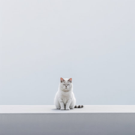 white cat sitting alone on a wooden platform in a dark environment, reminiscent of the artistic styles of do ho suh, akos major, and agnes martin. the high-definition image showcases a light gray and sky-blue color palette, with nonrepresentational elements in white and pink. ai generatedの素材
