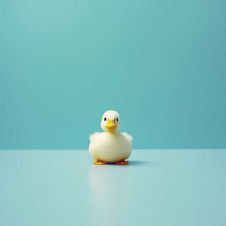 a white rubber duck sits on a minimalist blue background, adding a touch of simplicity to the scene. created using cinema4d, the duck is rendered in light yellow and light maroon hues. this tabletop photograph showcases the duck's charm against a backdrop of light yellow and light green, highlighting its characteristic animal features. ai generatedの素材