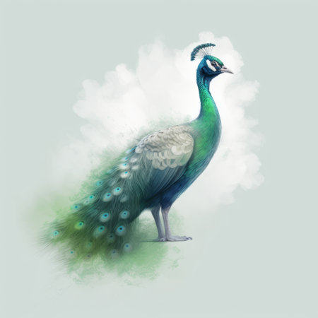 the peacock's head is adorned with a captivating digital painting featuring a blend of blue and white colors. this charming character illustration showcases a unique style, with hints of light green and dark crimson adding depth to the textured design. with a detailed character design and rendered in 32k uhd resolution, this artwork evokes a sense of misty allure. ai generatedの素材