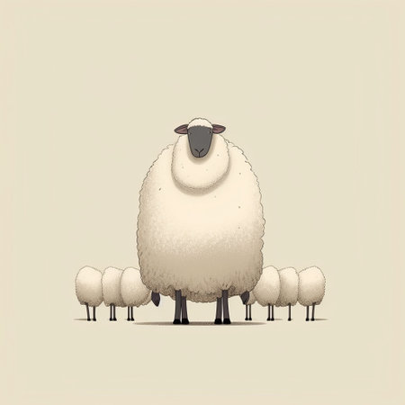 a cartoon sheep stands in a sheep farm, showcasing conceptual minimalism and visual puns. the style is reminiscent of group f64, with hauntingly beautiful illustrations by dave coverly. the image exudes a symmetrical balance and is dominated by a soothing beige color palette. ai generatedの素材