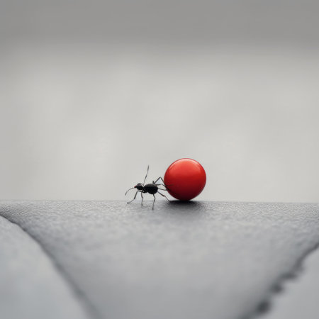 red ball, spider, and ant with a red spot on their head captured in a thought-provoking photograph that critiques consumer culture. the image, shot in black and gray using a konica big mini camera, showcases the contrast between polished concrete and the rawness of nature. with elements of solarpunk, this intriguing composition challenges the notions of finished versus unfinished, inviting contemplation on the intersection ofの素材