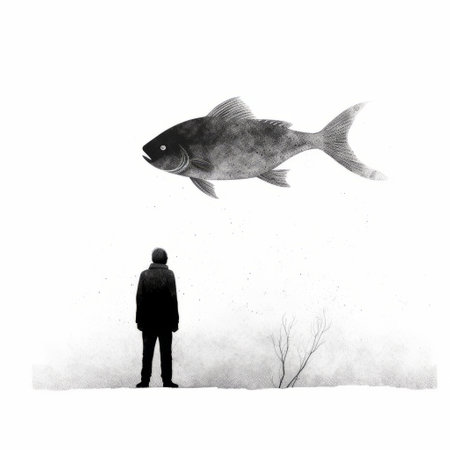 a fish soars gracefully through the air, defying gravity, while a person holds a knife below. this captivating image combines elements of minimalist landscapes, black and white realism, and ethereal illustrations. the hyperrealistic portrayal of marine life is both mesmerizing and thought-provoking. the illustration skillfully plays with the concept of erasure and obscurity, creating a visually striking composition. ai generatedの素材