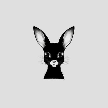 a black and white print of a hare head, featuring a playful character design in the style of animated gifs and matte drawing. the artwork showcases light black and dark beige tones, with eye-catching details and a minimalistic symmetry. perfect for animal and people enthusiasts who appreciate unique and captivating designs. ai generatedの素材