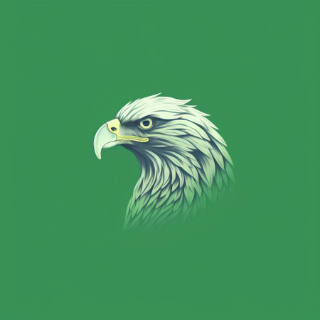 an eagle's head is depicted in a minimalistic design against a vibrant green background. the illustration showcases hyper-realistic details, capturing the energy and power of the majestic bird. the use of vibrant color gradients adds depth to the trace monotone navy and green illustration. ai generatedの素材