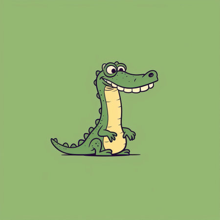 a funny crocodile is depicted on a vibrant green background in this uhd image. the illustration showcases a minimalist style, reminiscent of disney animation. the caricature-like details and minimalist sketches add a unique touch to the image. this creative commons attribution image features a color palette of dark beige and navy. ai generatedの素材